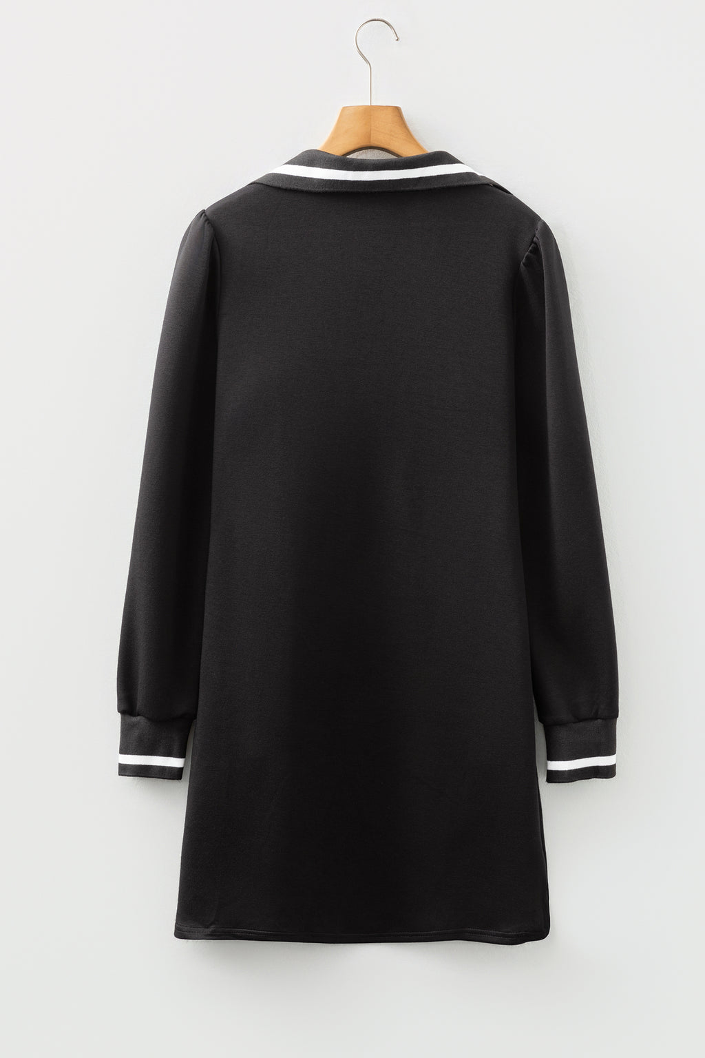 Black Striped Trim V Neck Collared Long Sleeve Shift Mini Dress