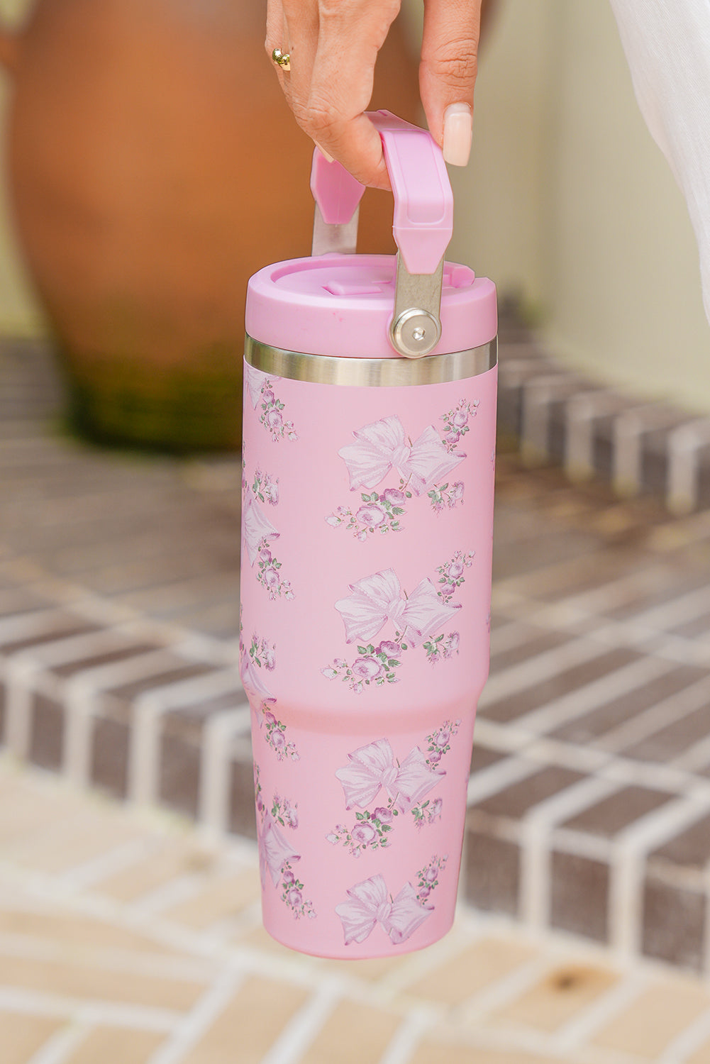 Pink 30OZ Bow Floral Print Flip Handle Straw Tumbler