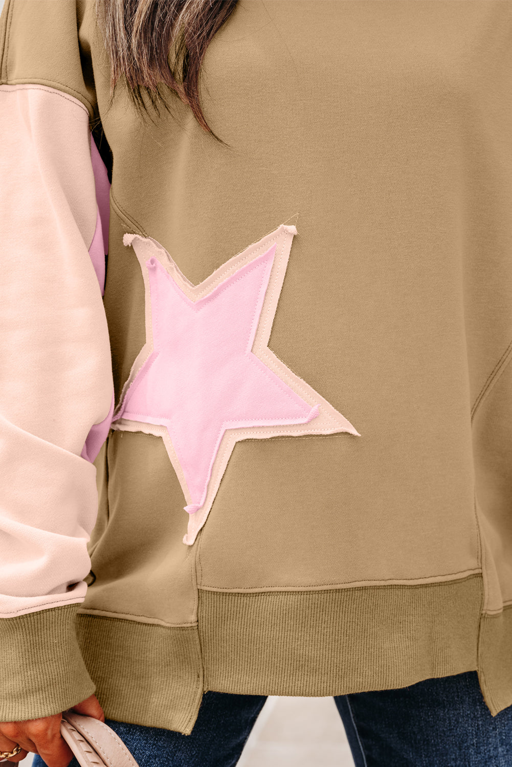 Rose Pink Contrast Star Patchwork Exposed Seam Uneven Hem Drop Shoulder Sweatshirt
