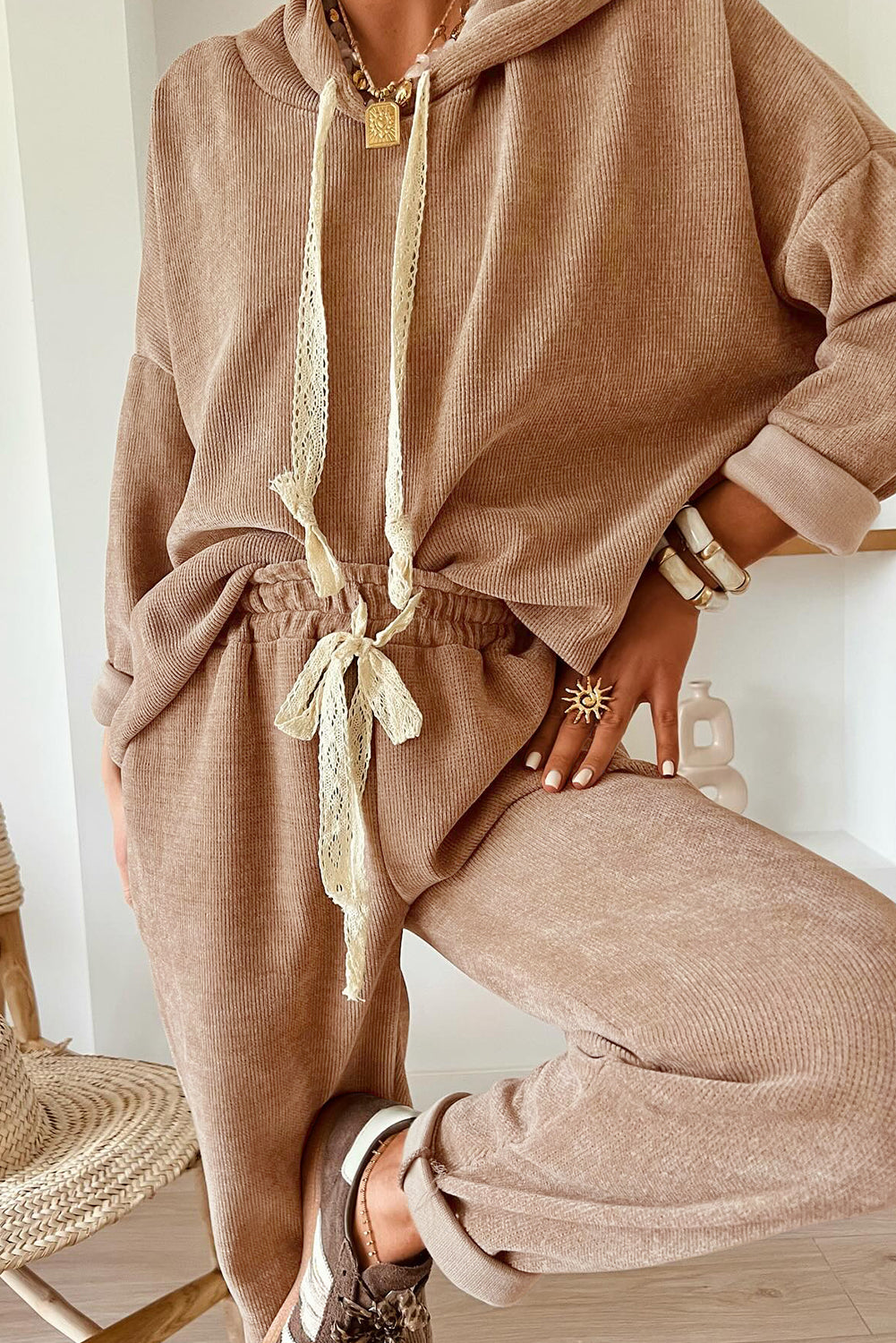 Gray Morn Corduroy Leopard Drawstring High Waist Trousers