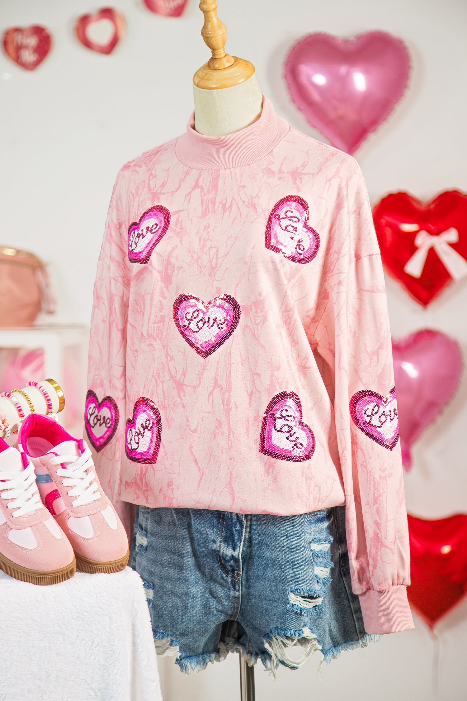 Pink Tie Dye Camo Sequin Love Heart Patched Mock Neck Sweatshirt