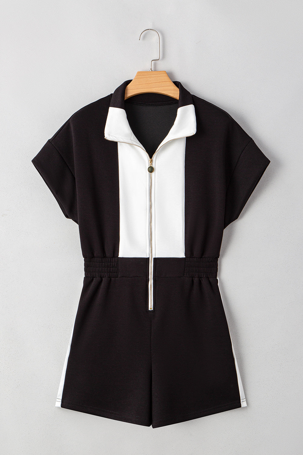 Black Contrast Zipped Stand Collared T Shirt and Short Set