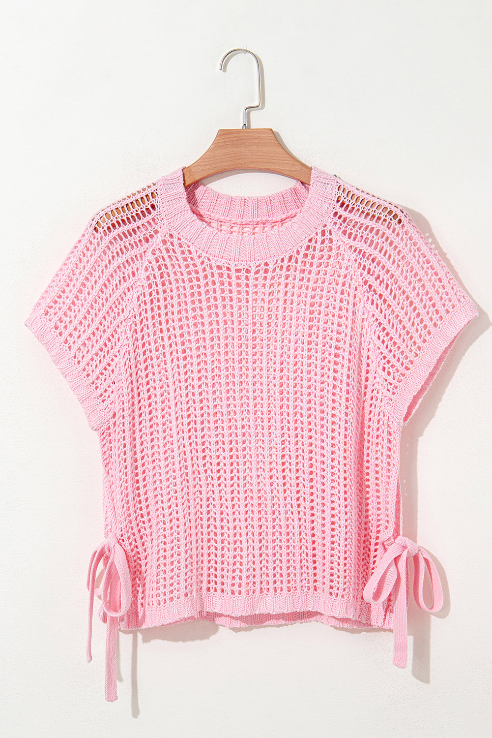 Yellow Cream Hollow-out Crochet Side Tied Short Sleeve Sweater