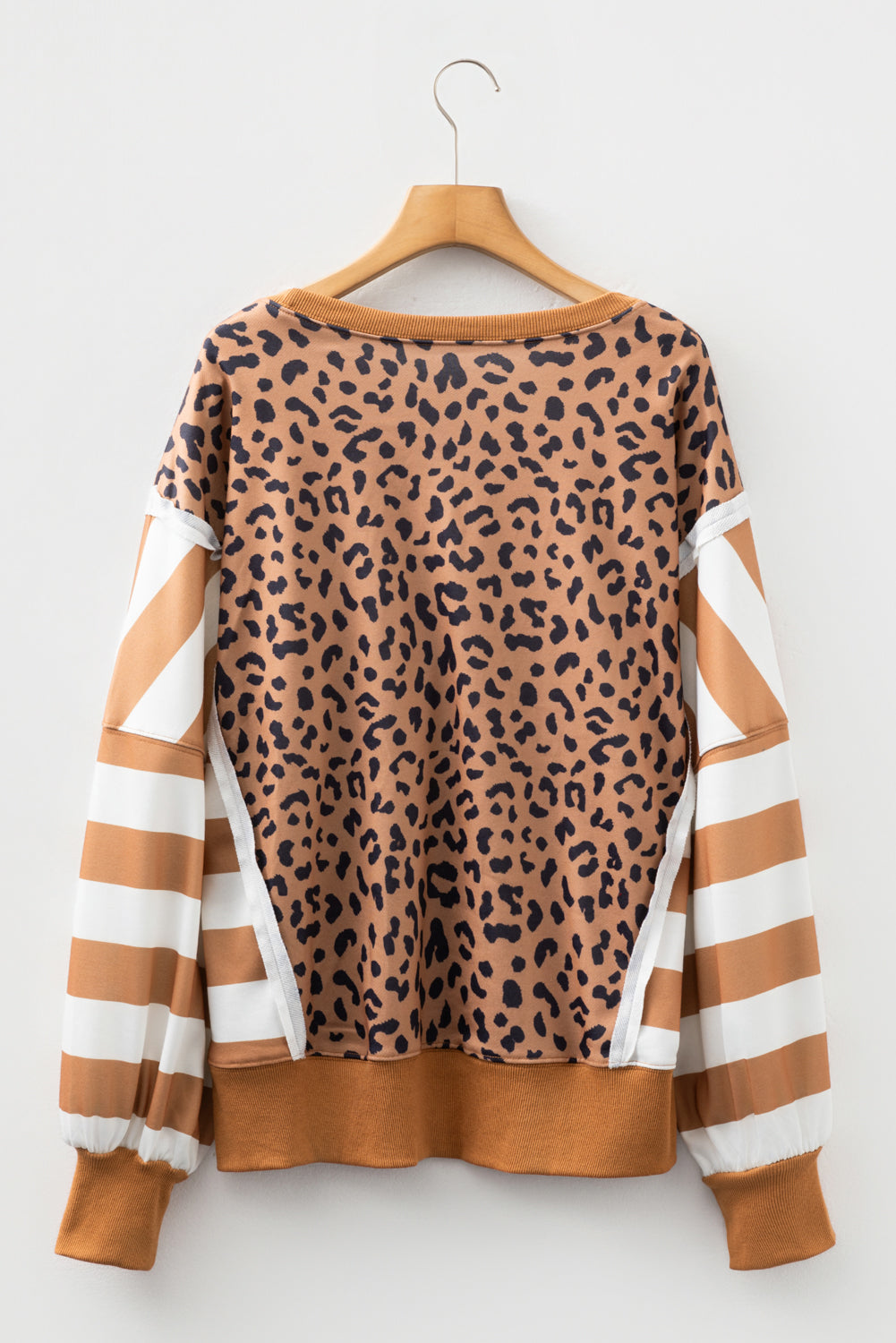 Khaki Leopard Striped Patchwork Plus Size Loose Sweatshirt
