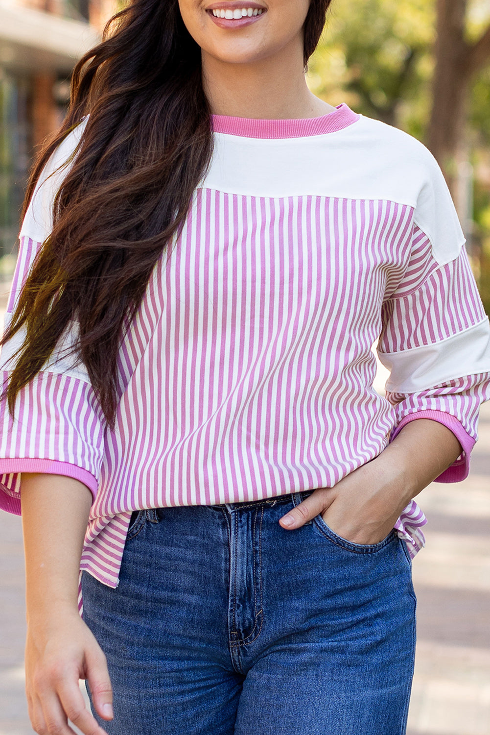 Pink Stripe Patchwork Bracelet Sleeve Plus Size T Shirt