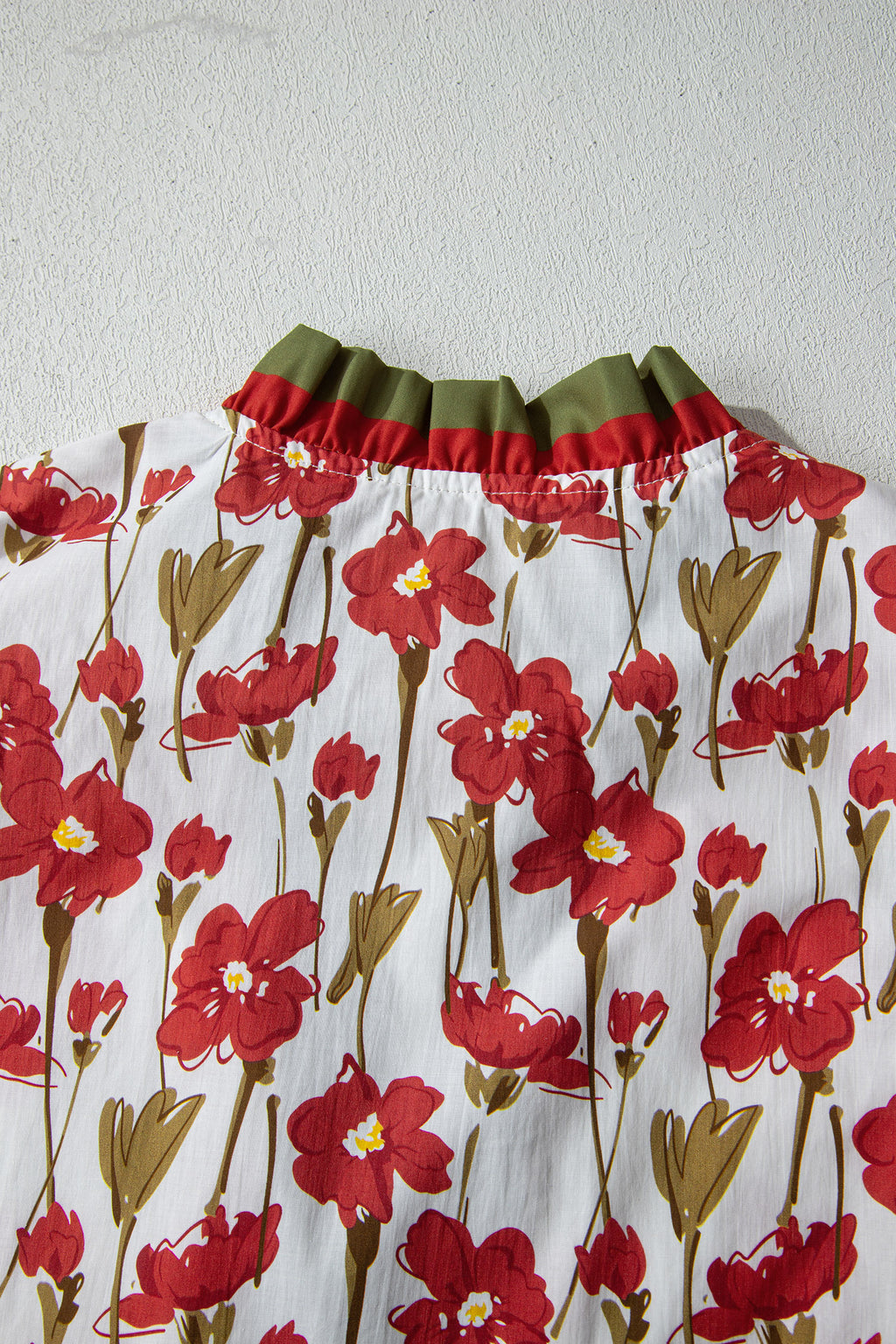 Pink Floral Print Contrast Trim V Neck Double Ruffled Short Sleeve Blouse