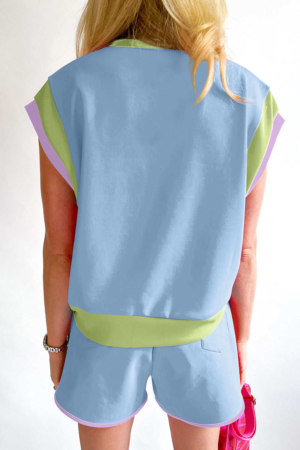 White Color Block Detail Casual Two-piece Set