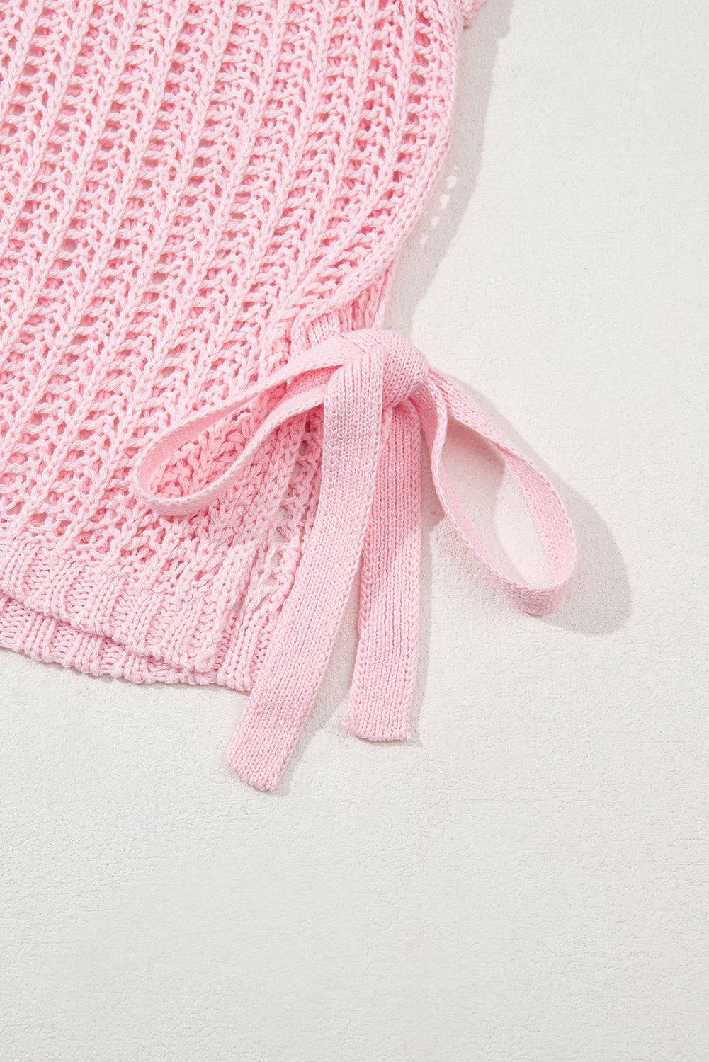 Yellow Cream Hollow-out Crochet Side Tied Short Sleeve Sweater