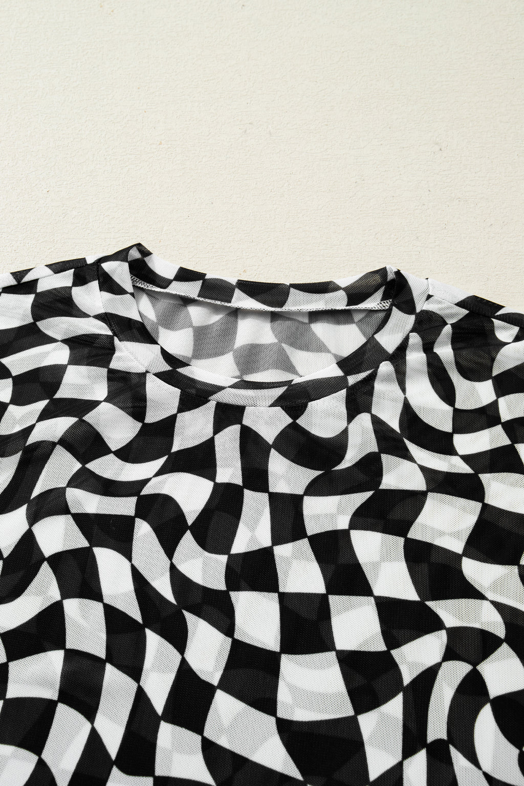 Purple Checkered Print Mock Neck Mesh T Shirt
