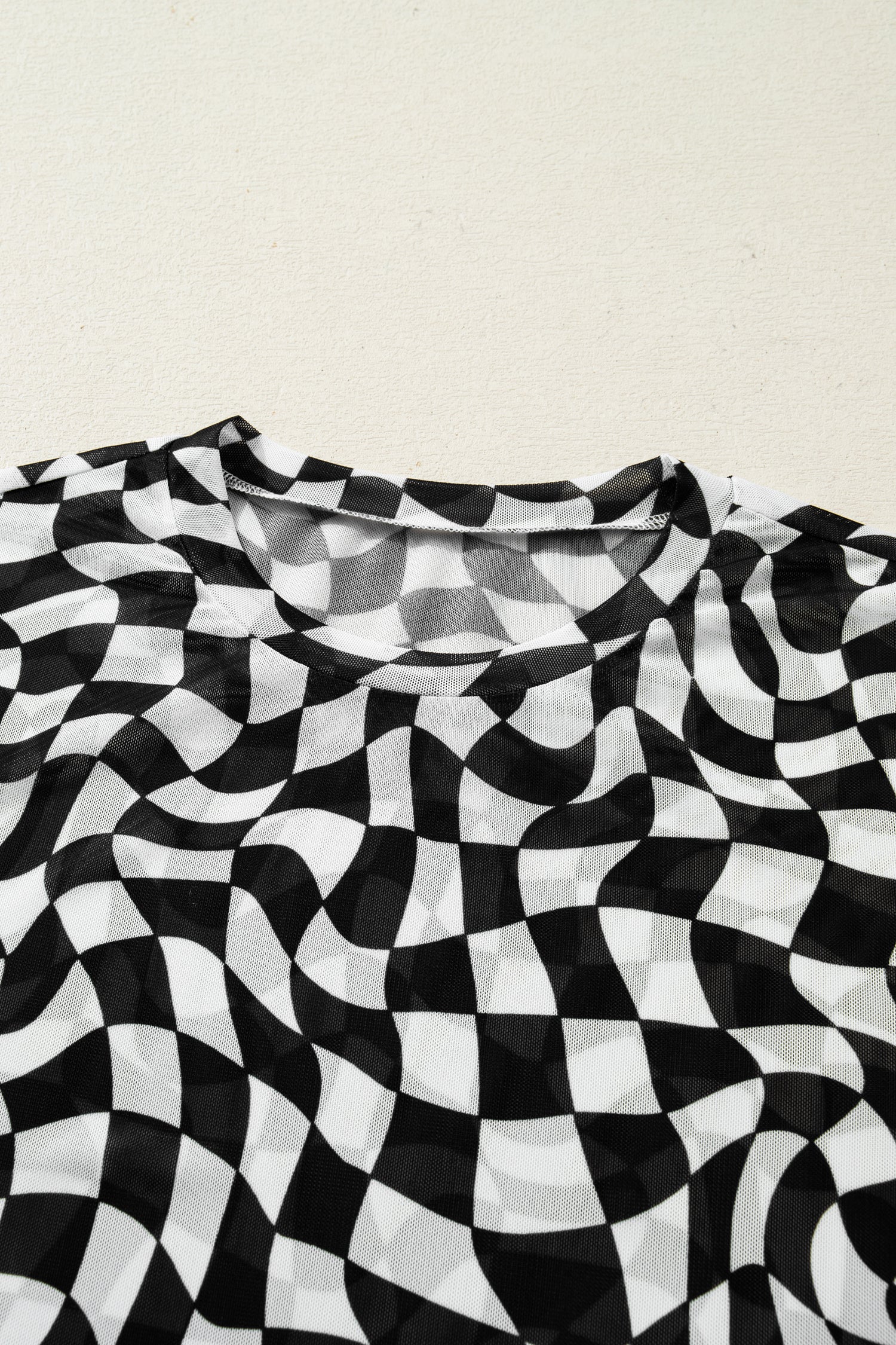 Purple Checkered Print Mock Neck Mesh T Shirt