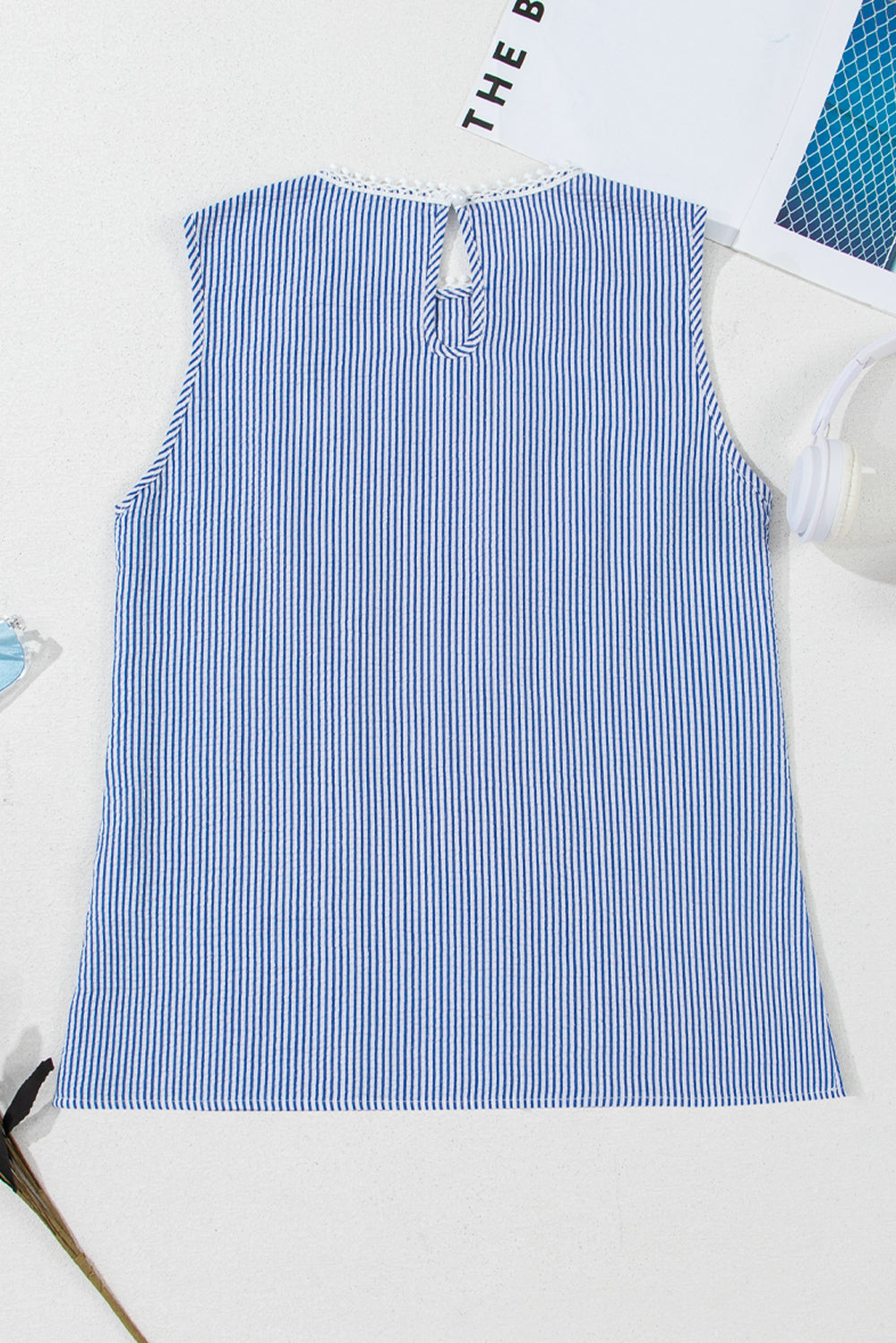 Sky Blue Stripe Floral Lace Splicing Puff Sleeve Blouse