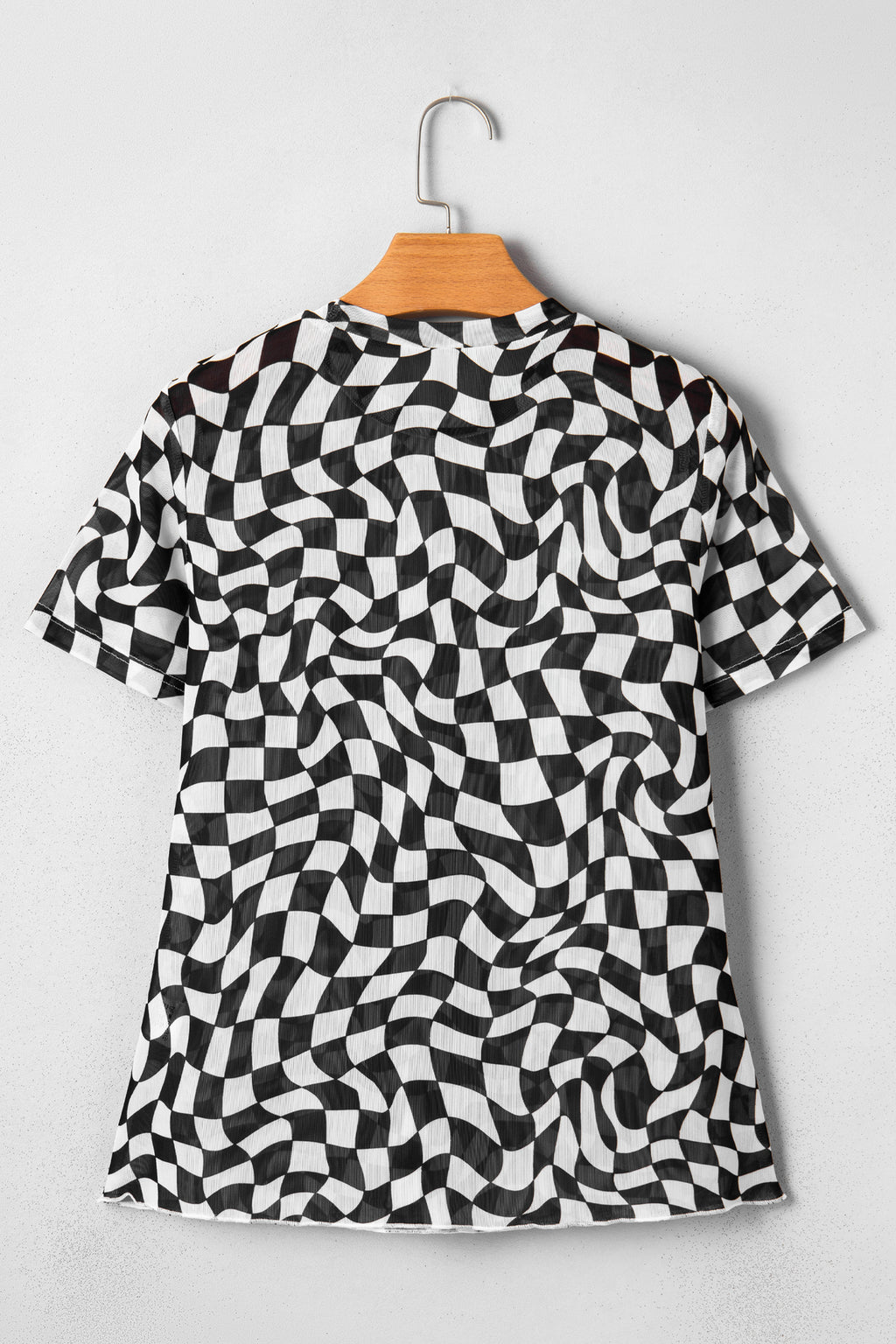 Purple Checkered Print Mock Neck Mesh T Shirt