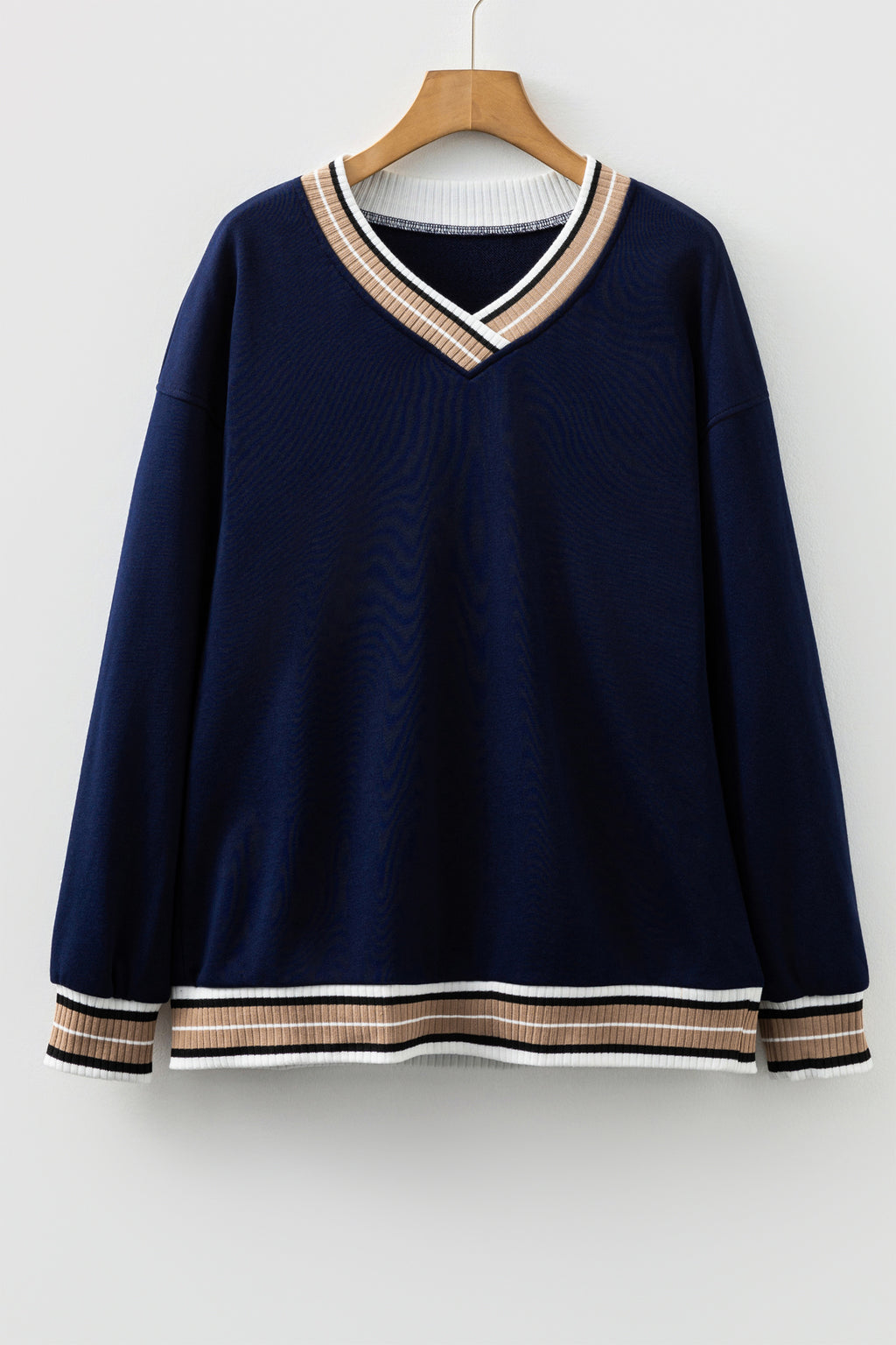 Gray Varsity Contrast Striped Trim V Neck Sweatshirt