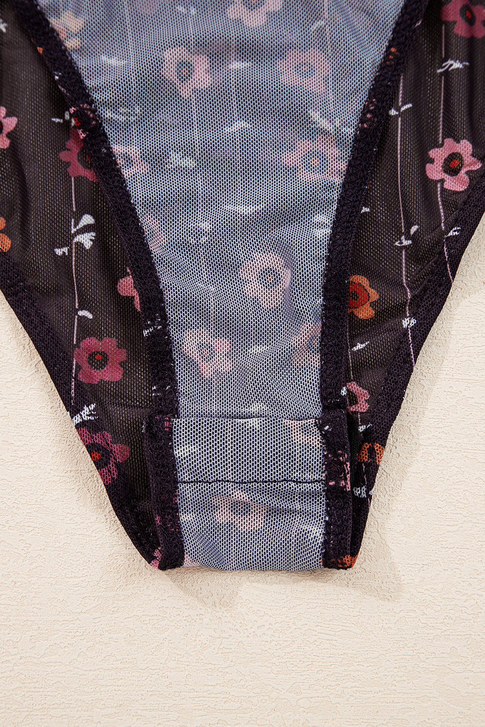 Dear Lover Black Floral Print Smocked Cuff Slim Fit Mesh Bodysuit