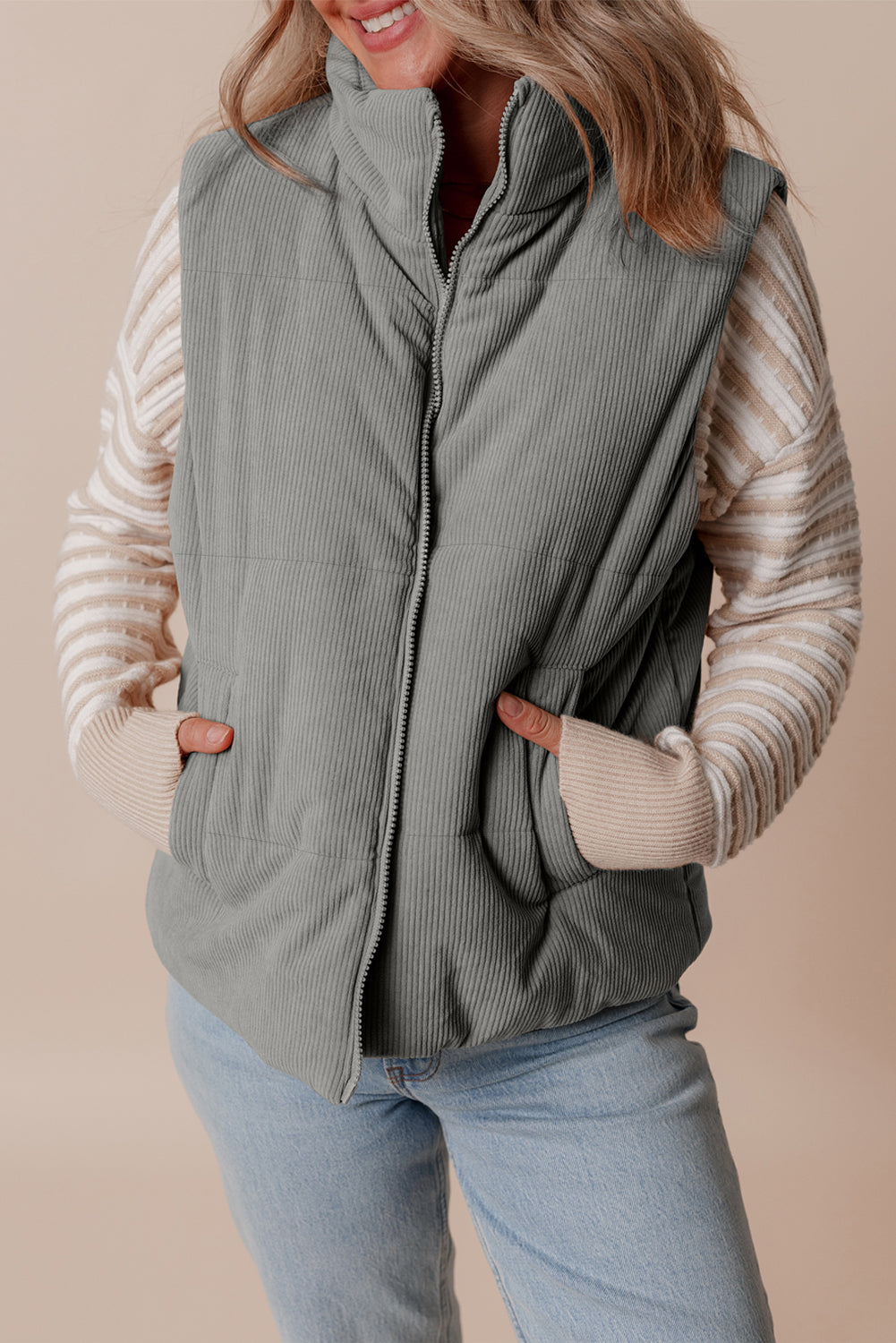 Beige Corduroy Stand Neck Zipped Puffer Vest