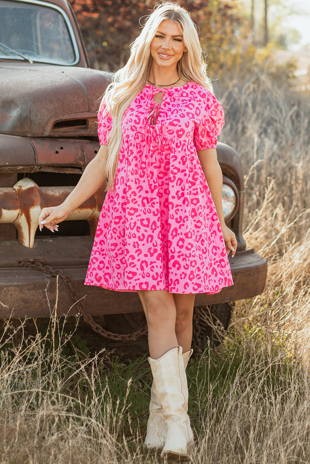 Bright Pink Solid Color Puff Sleeve Tie Front High Waist Mini Dress