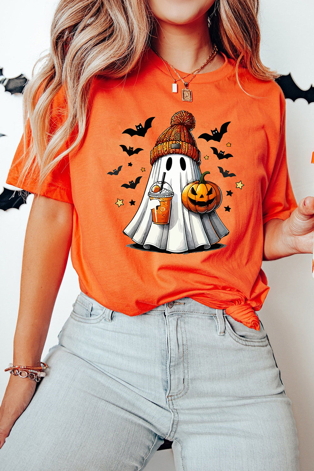 Orange Playful Halloween Ghost Pumpkin Print Womens Casual Tee