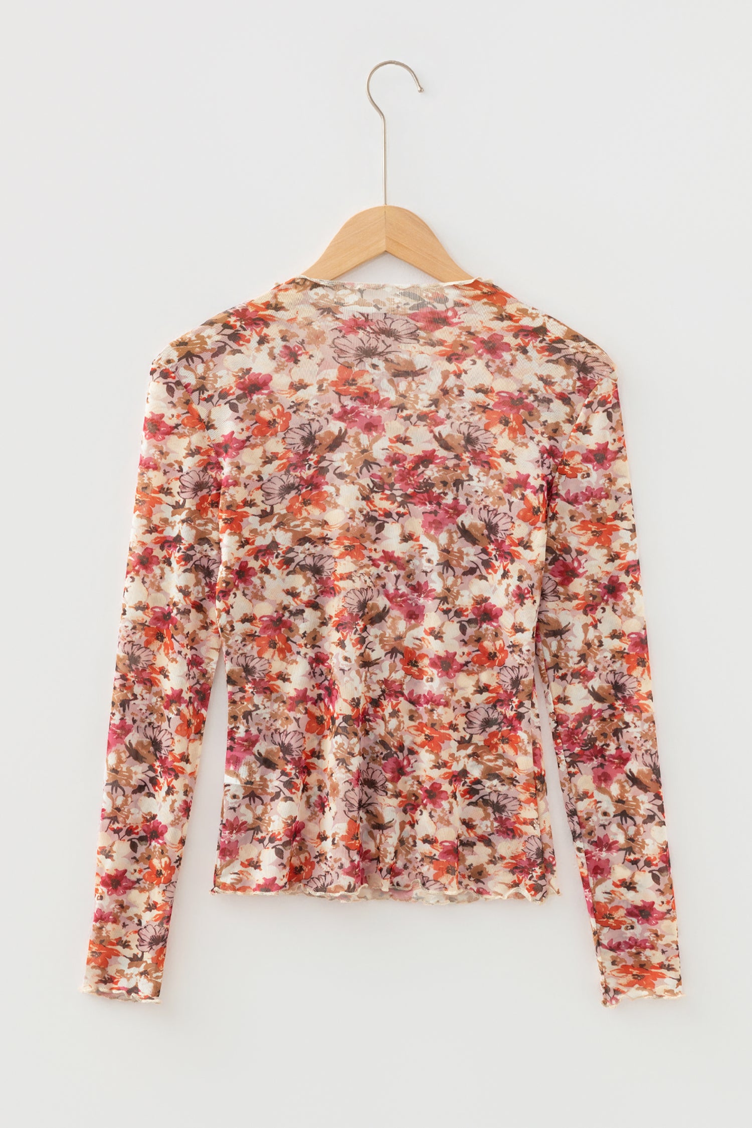 Red Lettuce Trim Floral Print Mesh Long Sleeve Top
