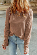 Smoke Gray Textured Round Neck Long Sleeve Top