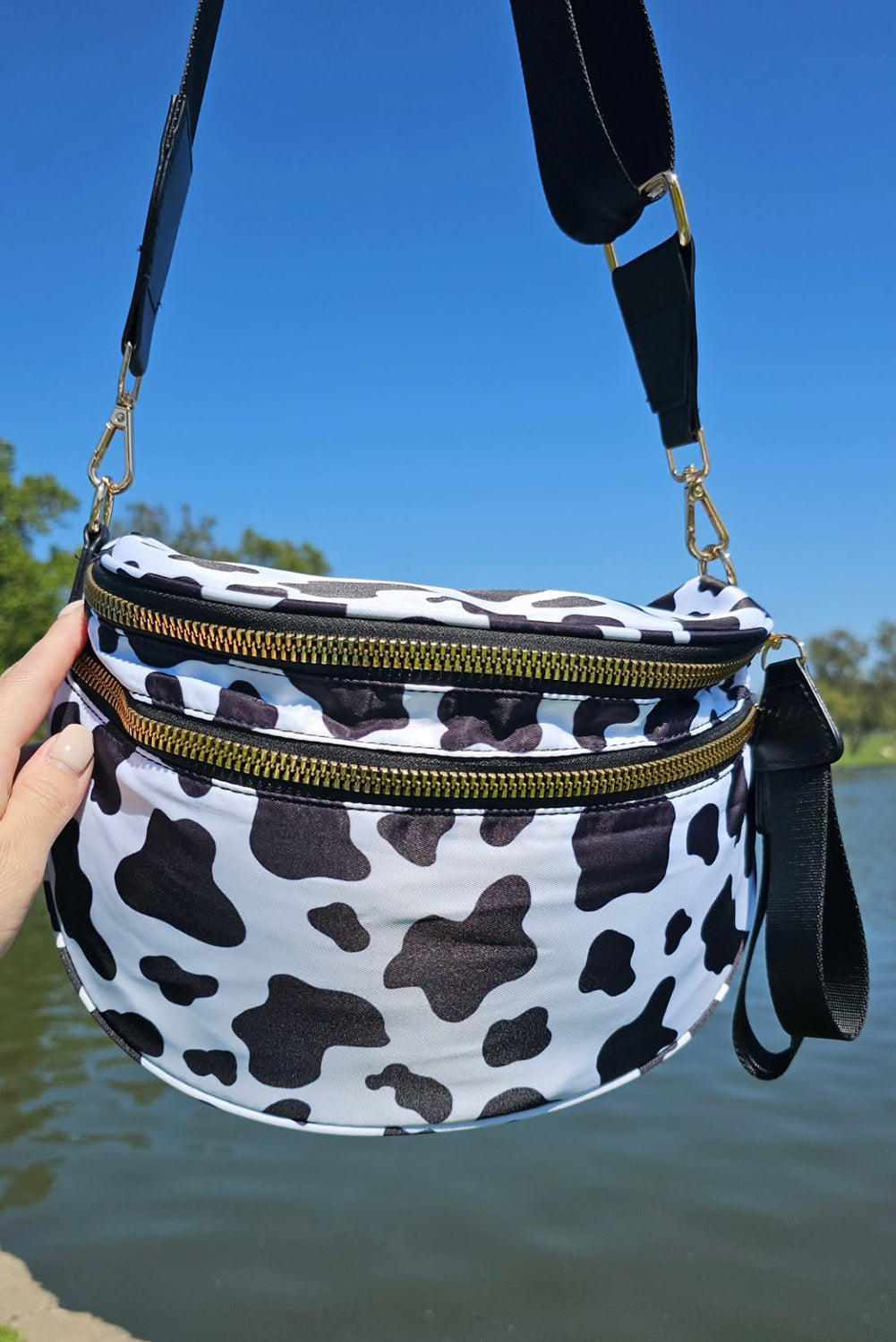 Jungle Green Double Zip Crescent Shape Adjustable Sling Bag