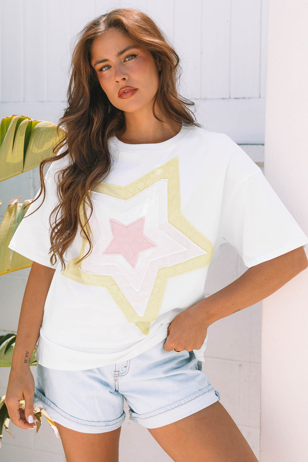 Light Pink Eyelet Lace Star Applique Plus Size T Shirt