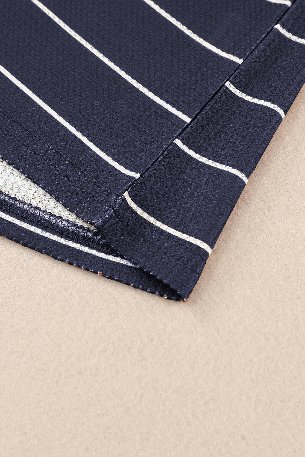Navy Blue Striped Buttoned Henley Waffle Knit Top