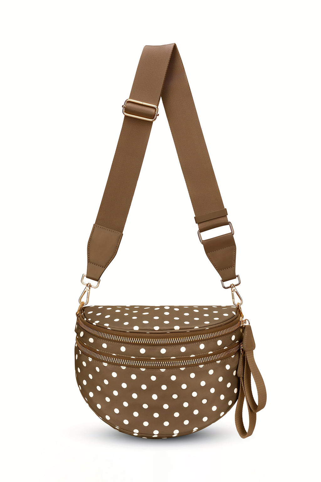 Camel Polka Dot Print Gold Chain Strap Double Zipper Crossbody Bag