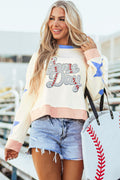 Beige Game Day Sequin Letter Graphic Star Patched Colorblock Sweatshirt