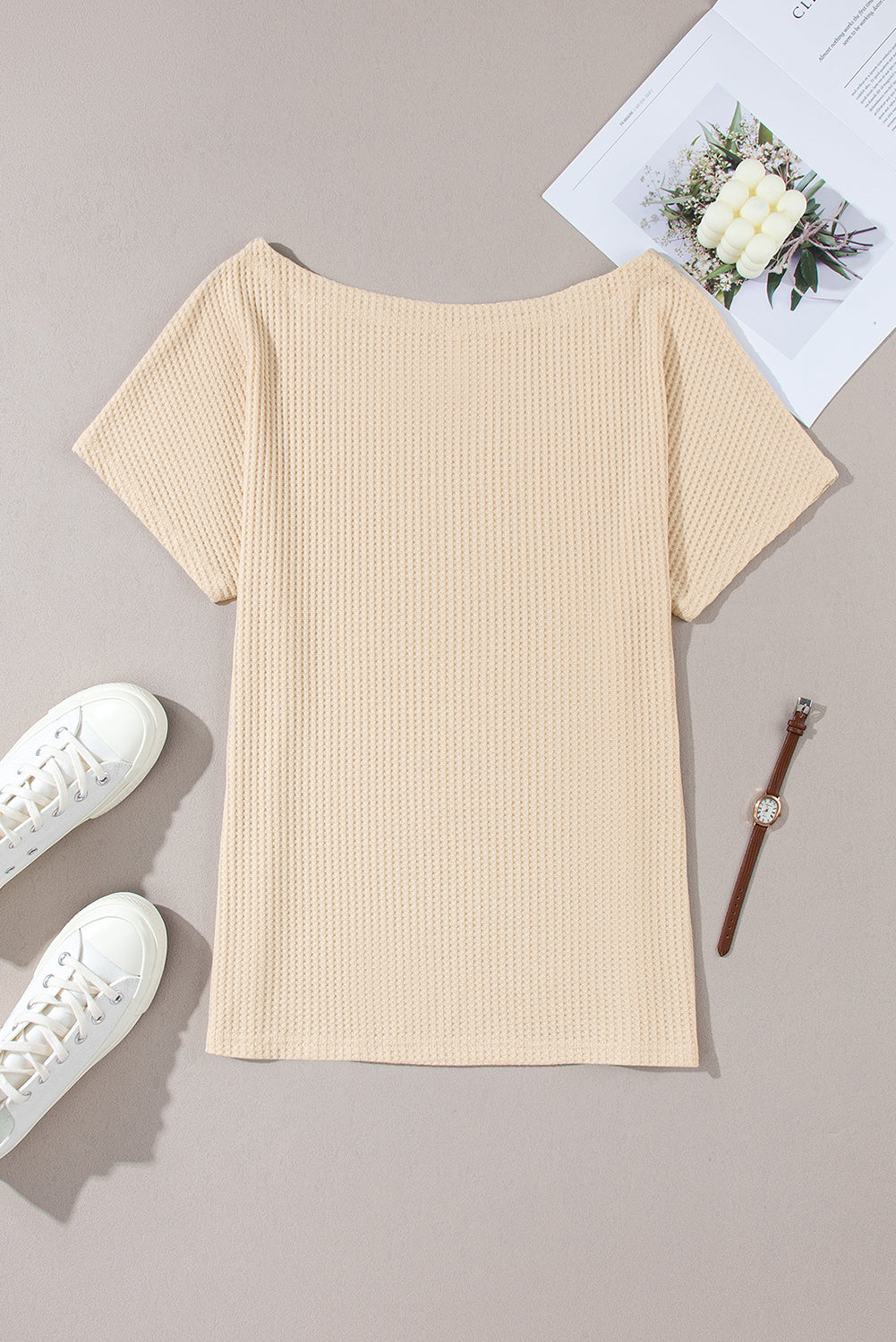 White Waffle Knit Boat Neck Short Sleeve Top
