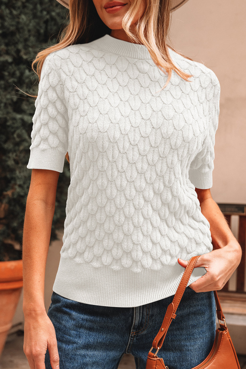 Straw Yellow Fish Scale Textured Knit Ribbed Crew Neck Short Sleeve Sweater
