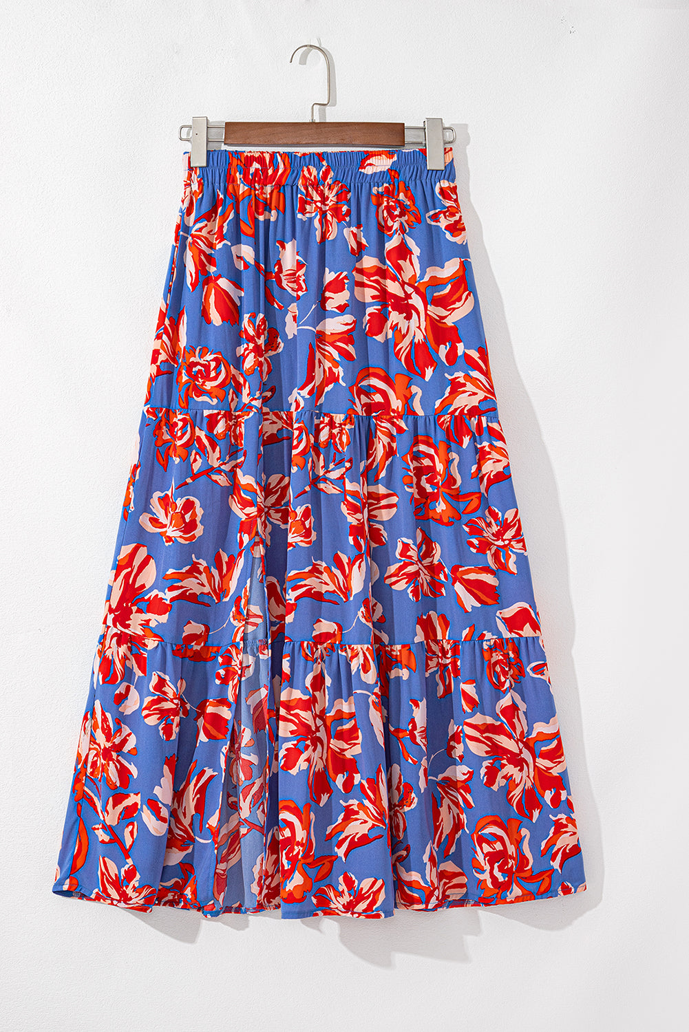 Orange Bohemian Floral Print Tiered Maxi Skirt with Split