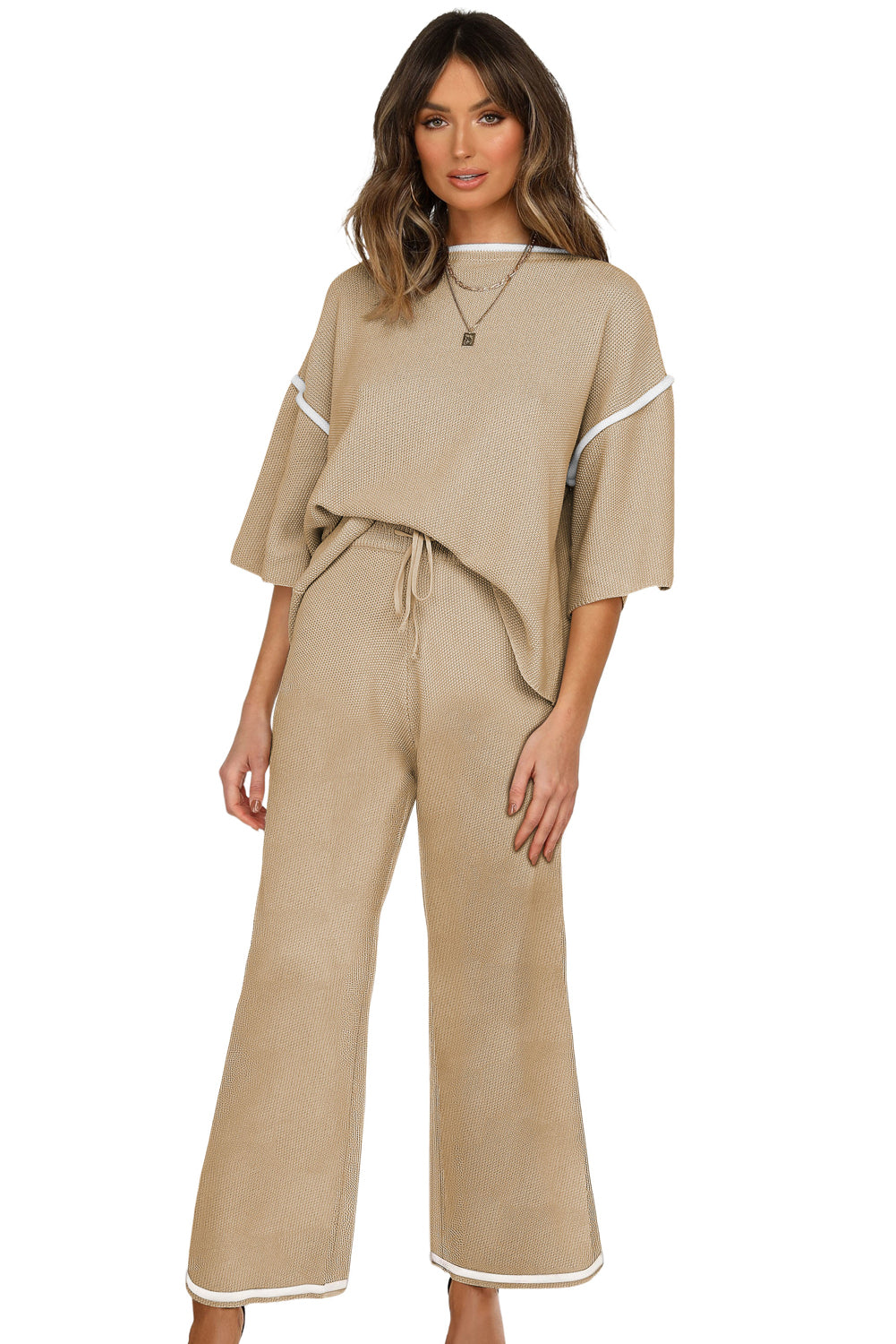 Blackish Green Contrast Trim Half Sleeve Top Drawstring Pants Loose 2pcs Sweater Suit