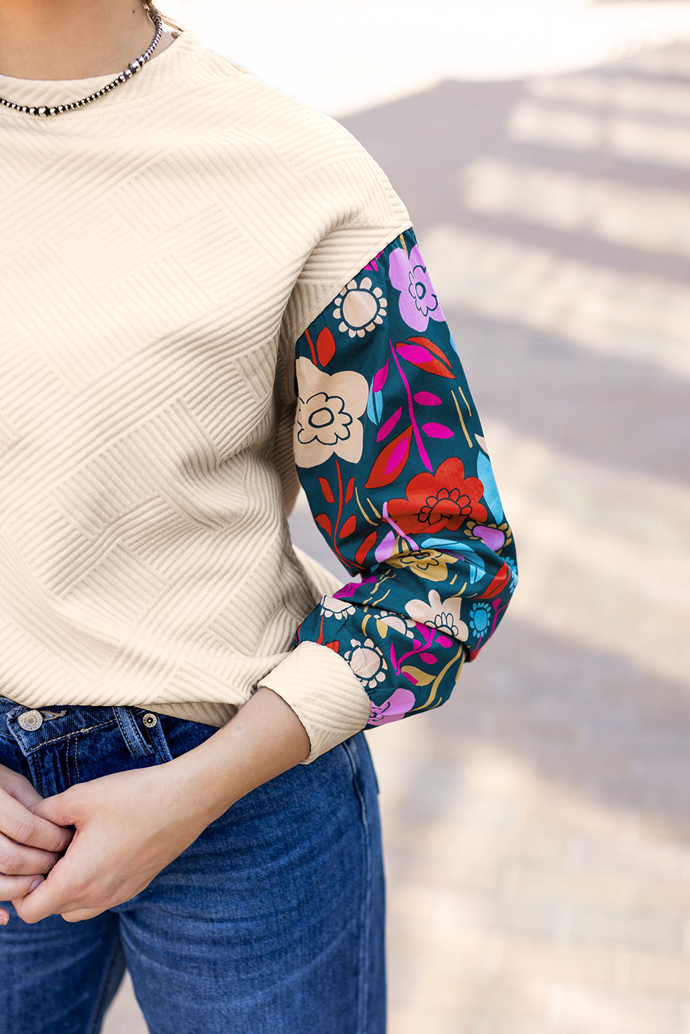 White Floral Patchwork Sleeve Textured Plus Size Pullover Top