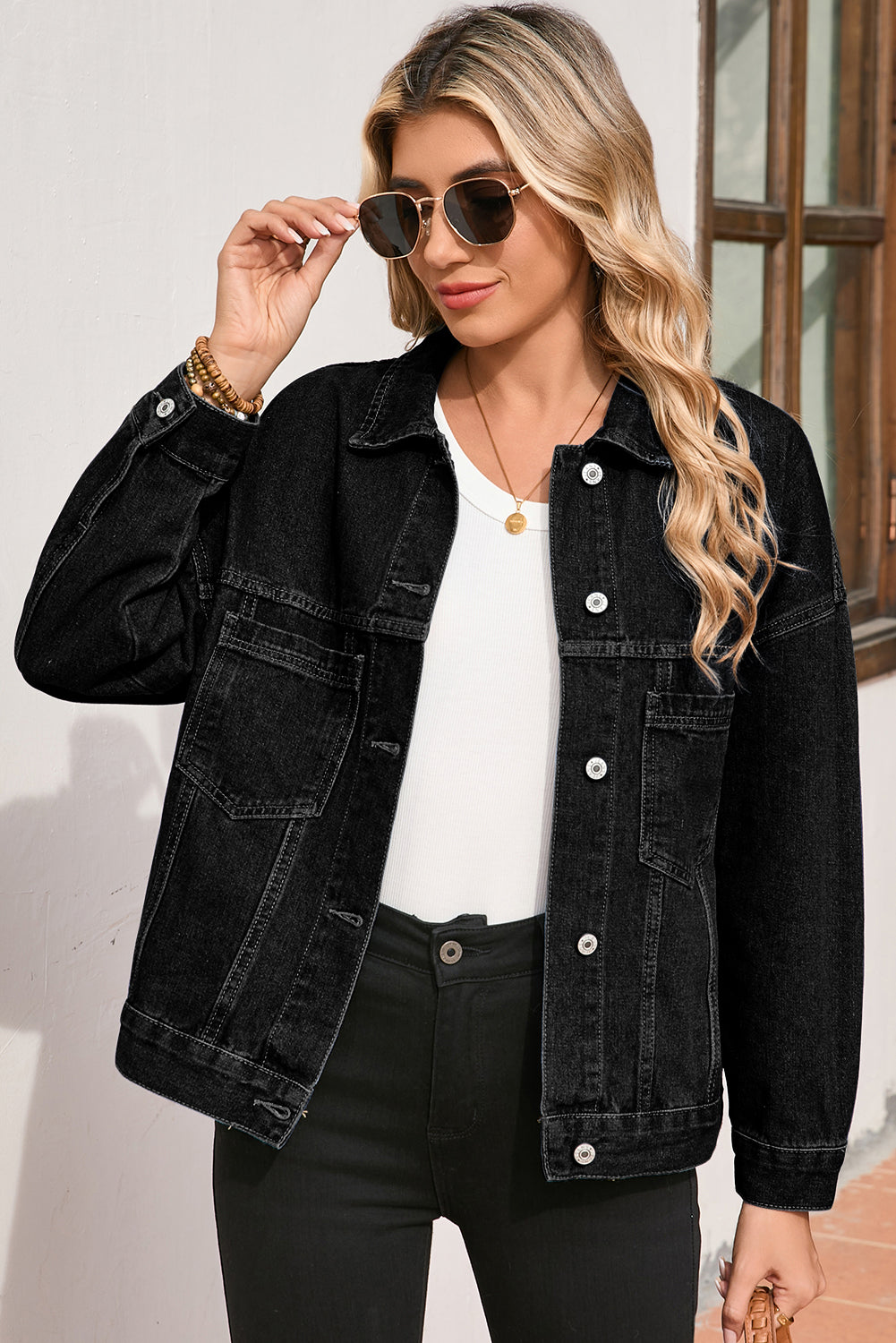 Blue Stripe Washed Oversize Pocketed Denim Jacket