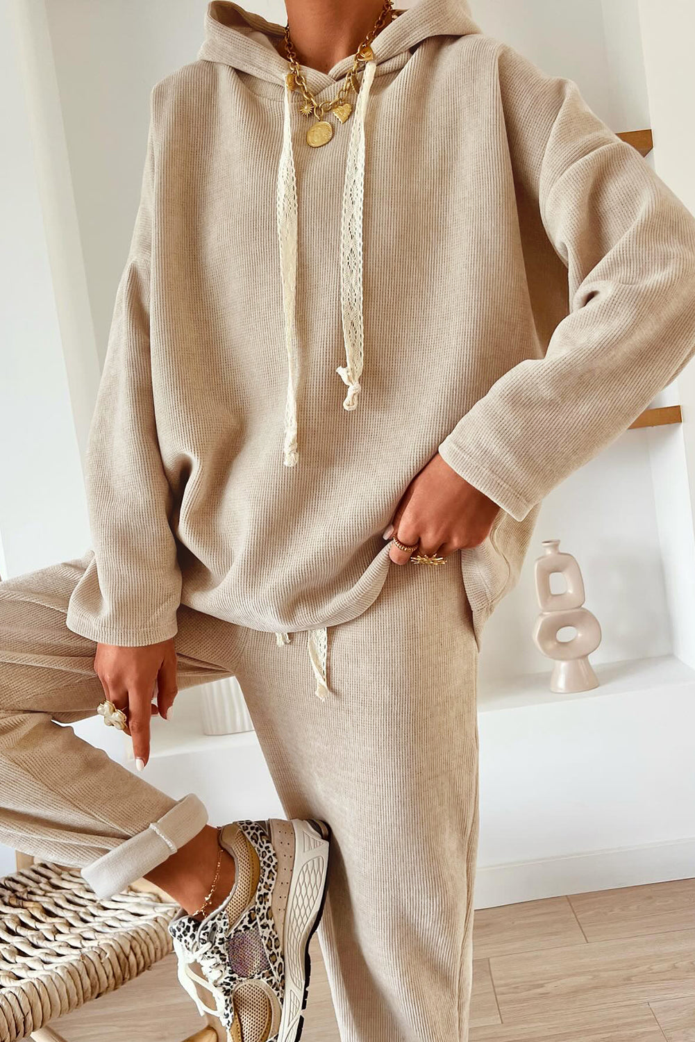 Gray Morn Corduroy Leopard Drawstring High Waist Trousers