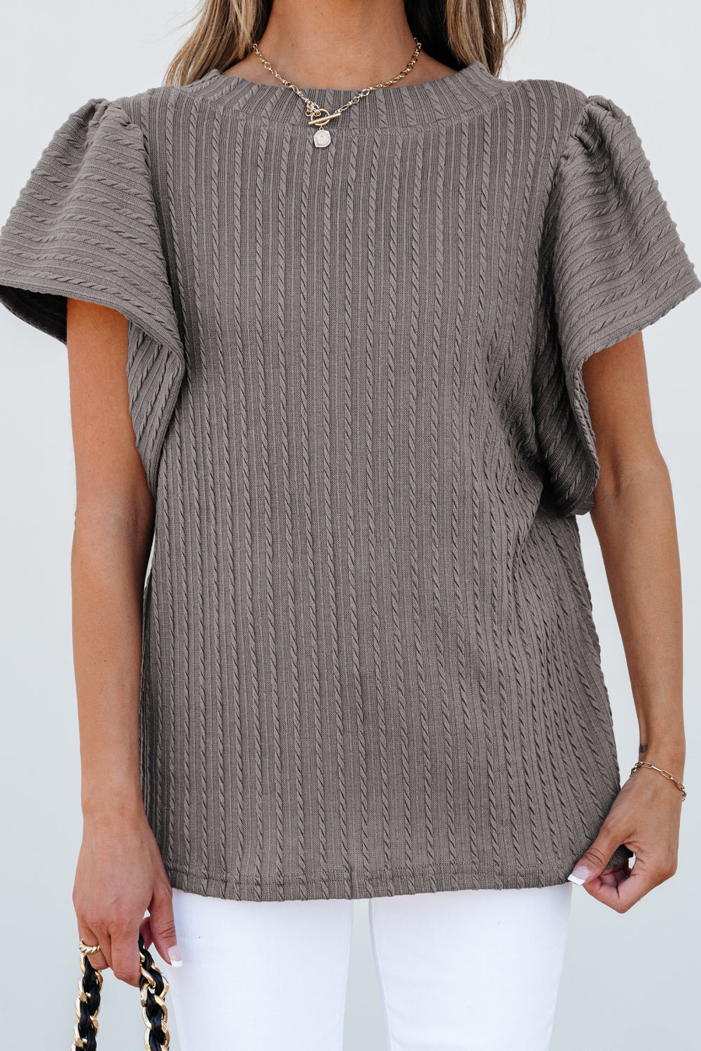 Moonlight Jade Solid Color Textured Flutter Sleeve Top