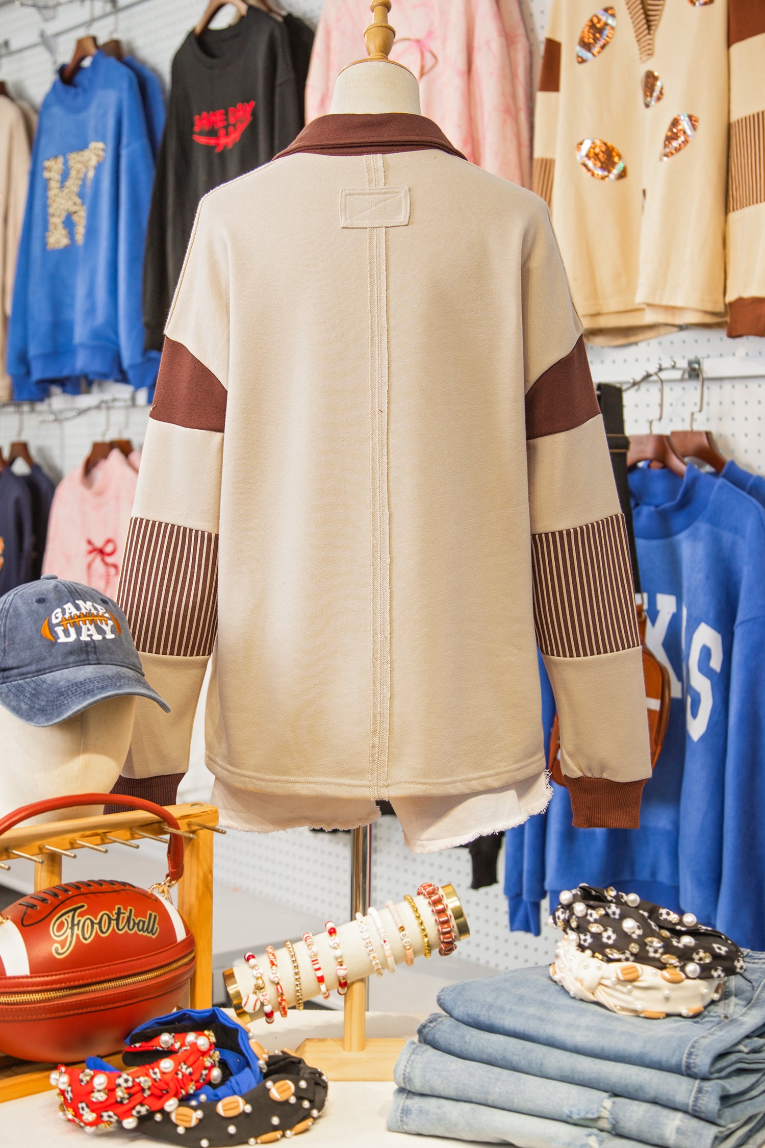 Light French Beige Color Block Striped Patchwork Sequin Rugby Graphic Polo Sweatshirt
