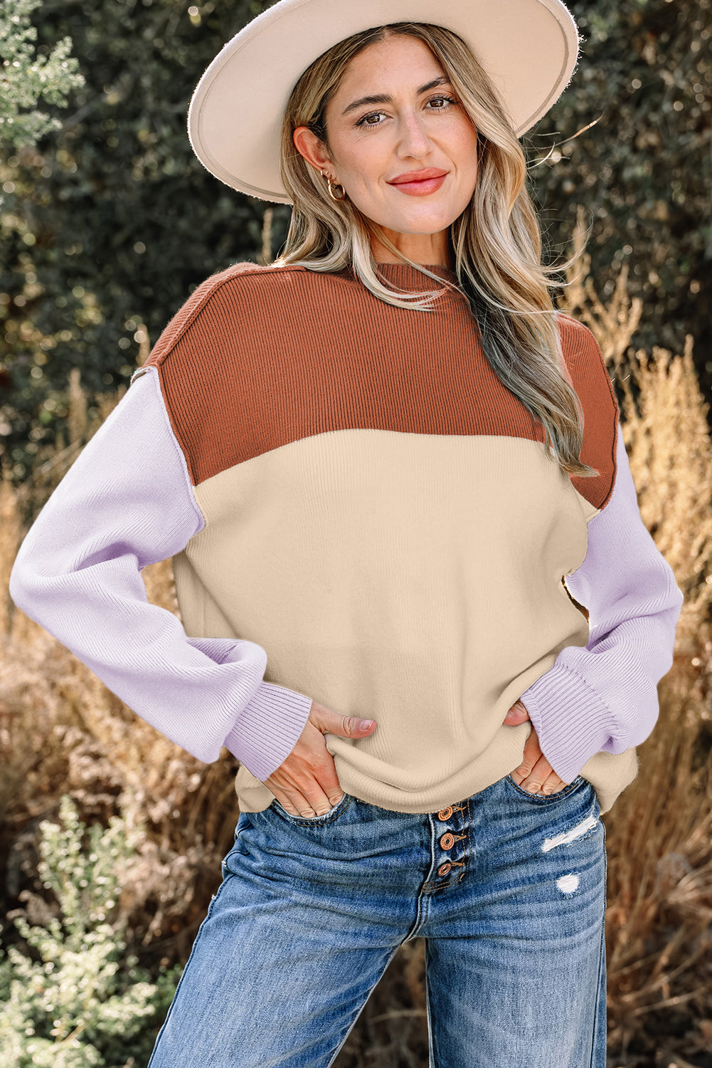 Green Color Block Plain Ribbed Knit Baggy Sweater