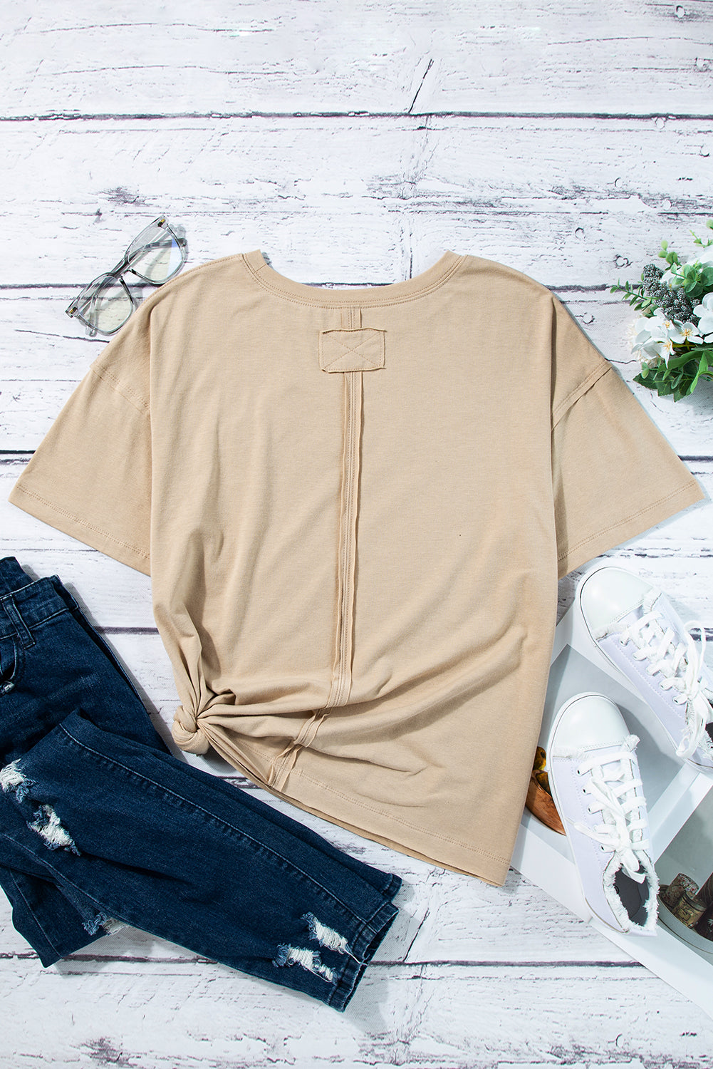 Parchment Raw Seam Patchwork Drop Shoulder Oversize T Shirt