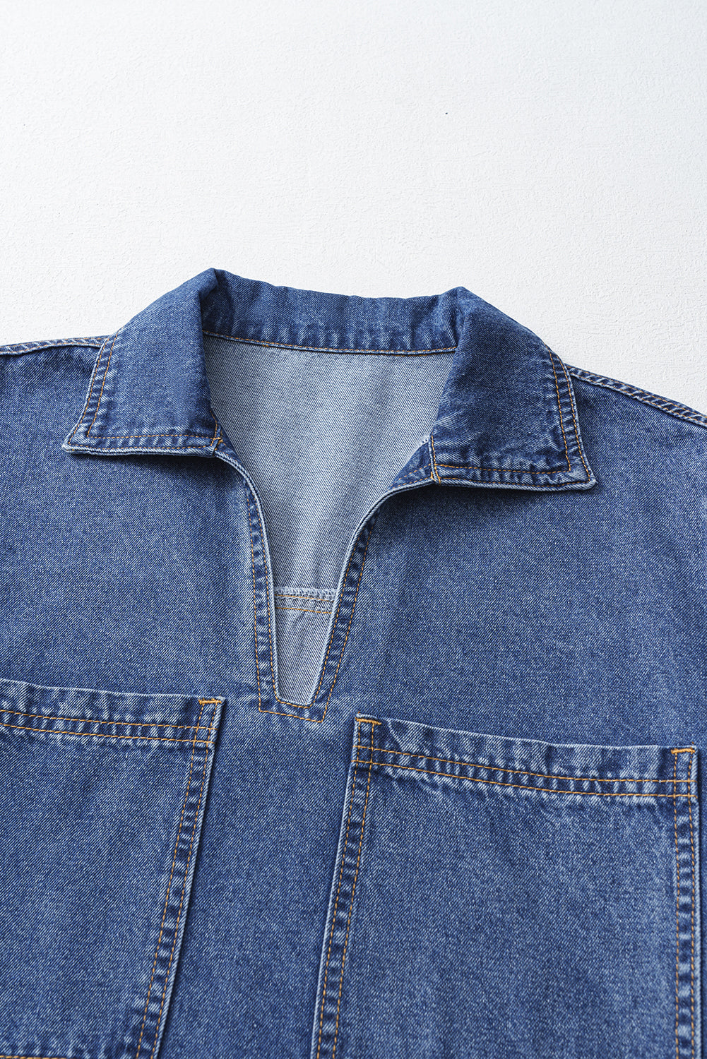 Beau Blue Short Sleeve Collared Patched Pocket Denim Mini Dress