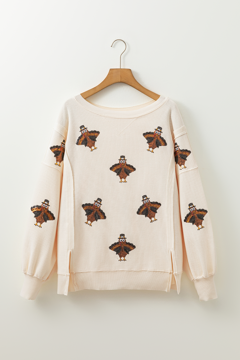 White Waffle knit Bishop Sleeve Split Oversized Top
