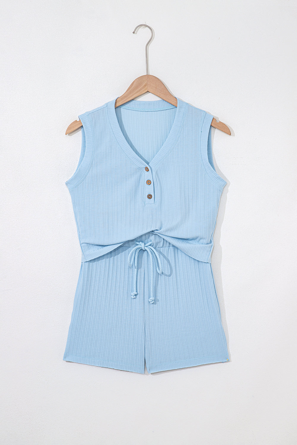 Mint Green Ribbed Button V Neck Tank Top and Shorts Set