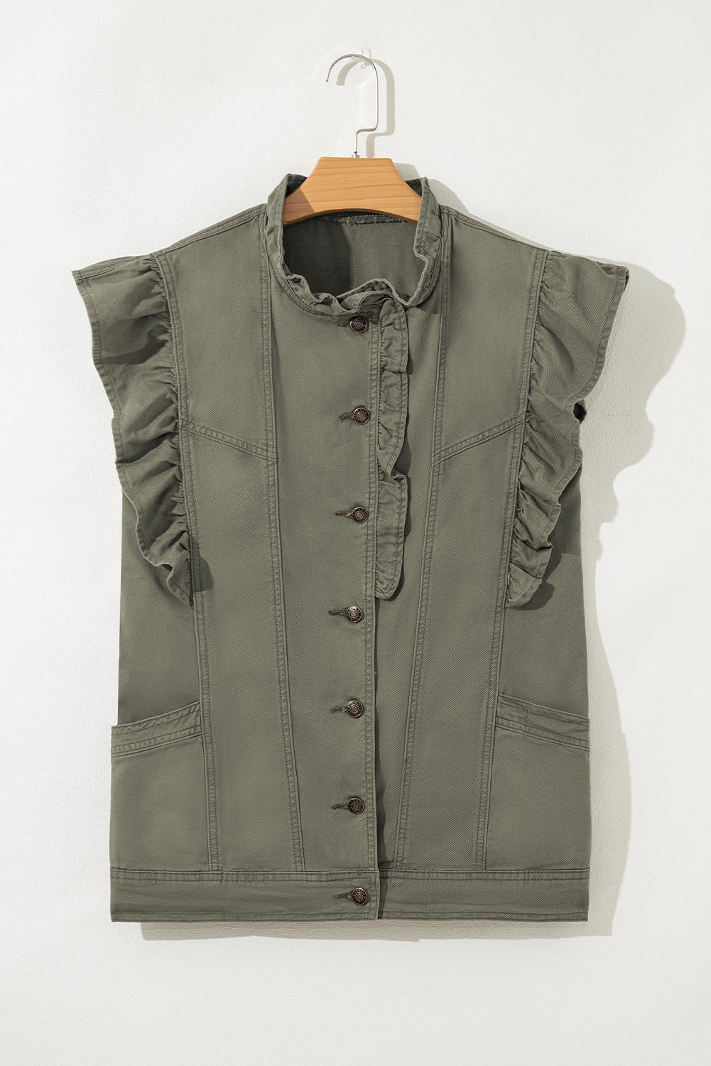 Pale Khaki Ruffled Patchwork Denim Jacket Vest