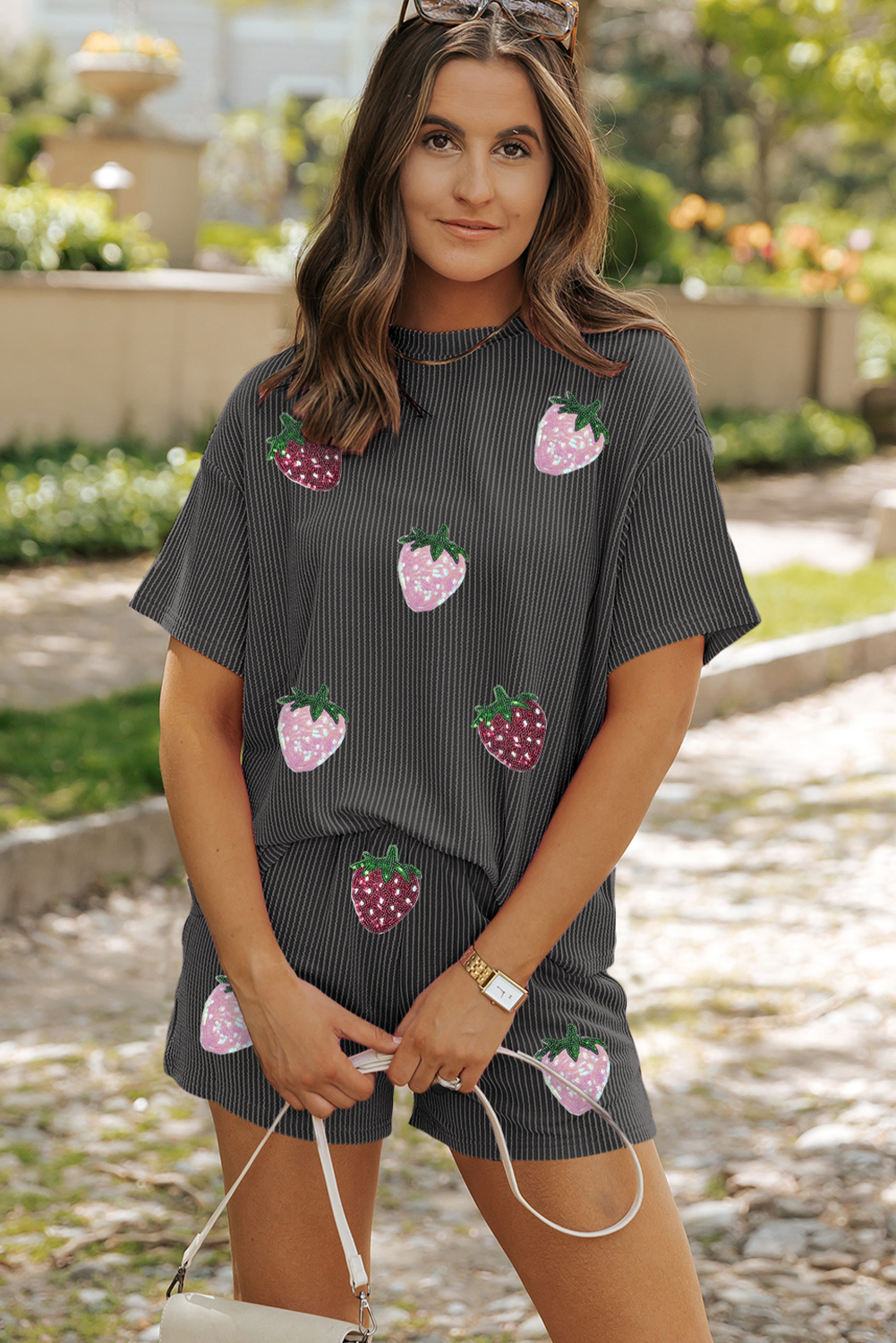 Carbon Grey Sequin Strawberry Patched Twist Ribbed Short 2pcs Outfit