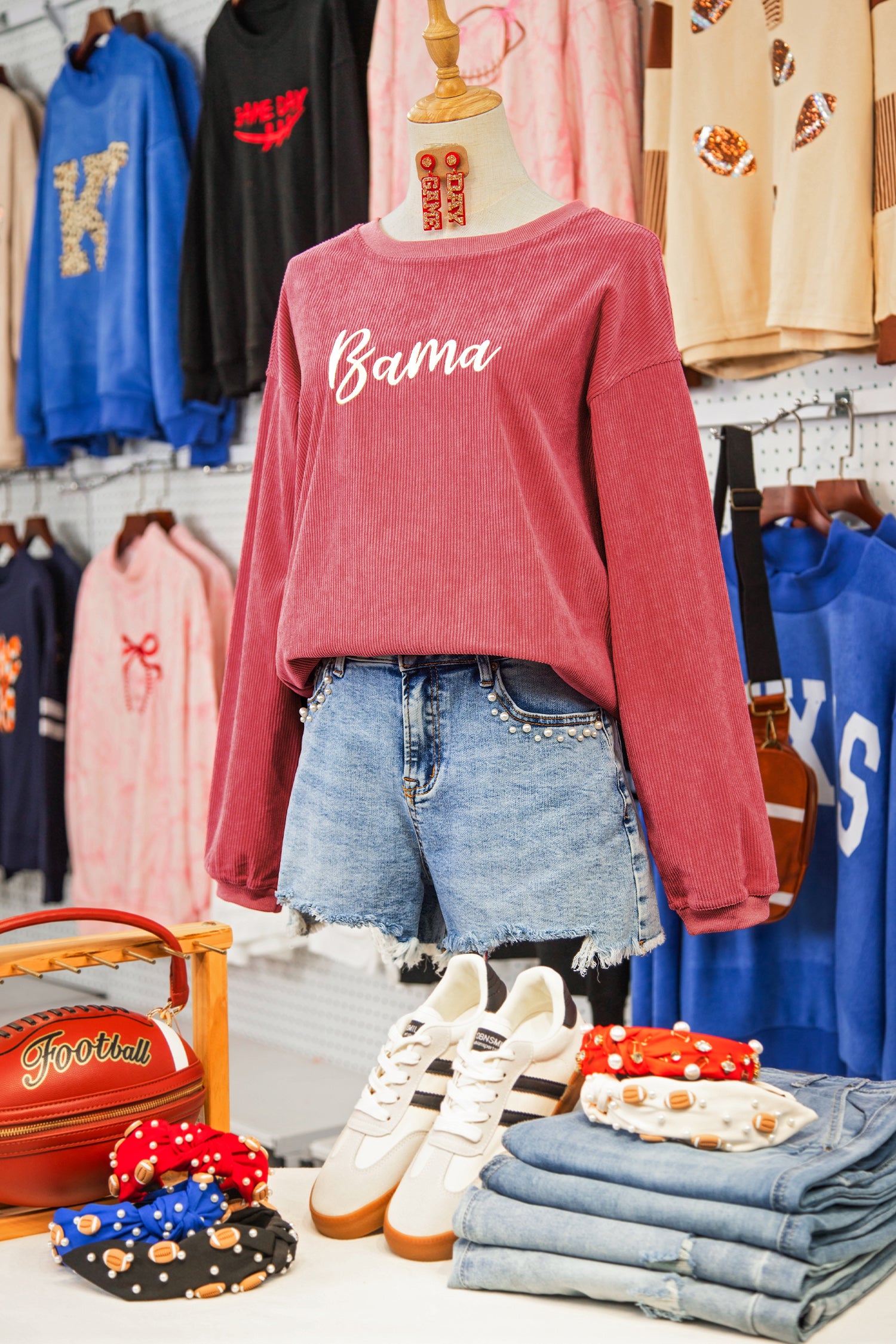 Strawberry Pink Corded Ribbed Bama Embroidered Letter Graphic Sweatshirt