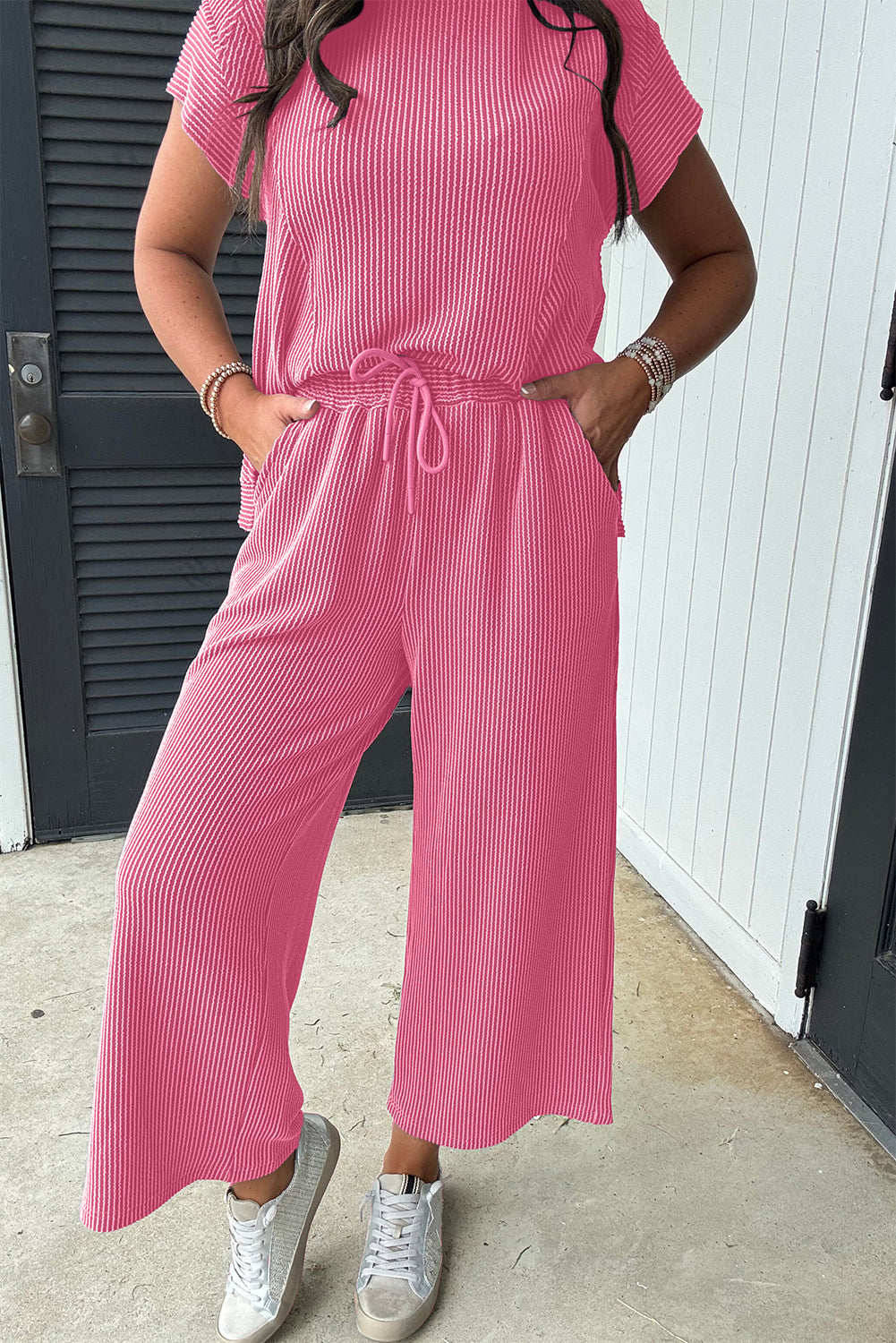 Blue Solid Corded Knit Short Sleeve T Shirt and Wide Leg Pants Set