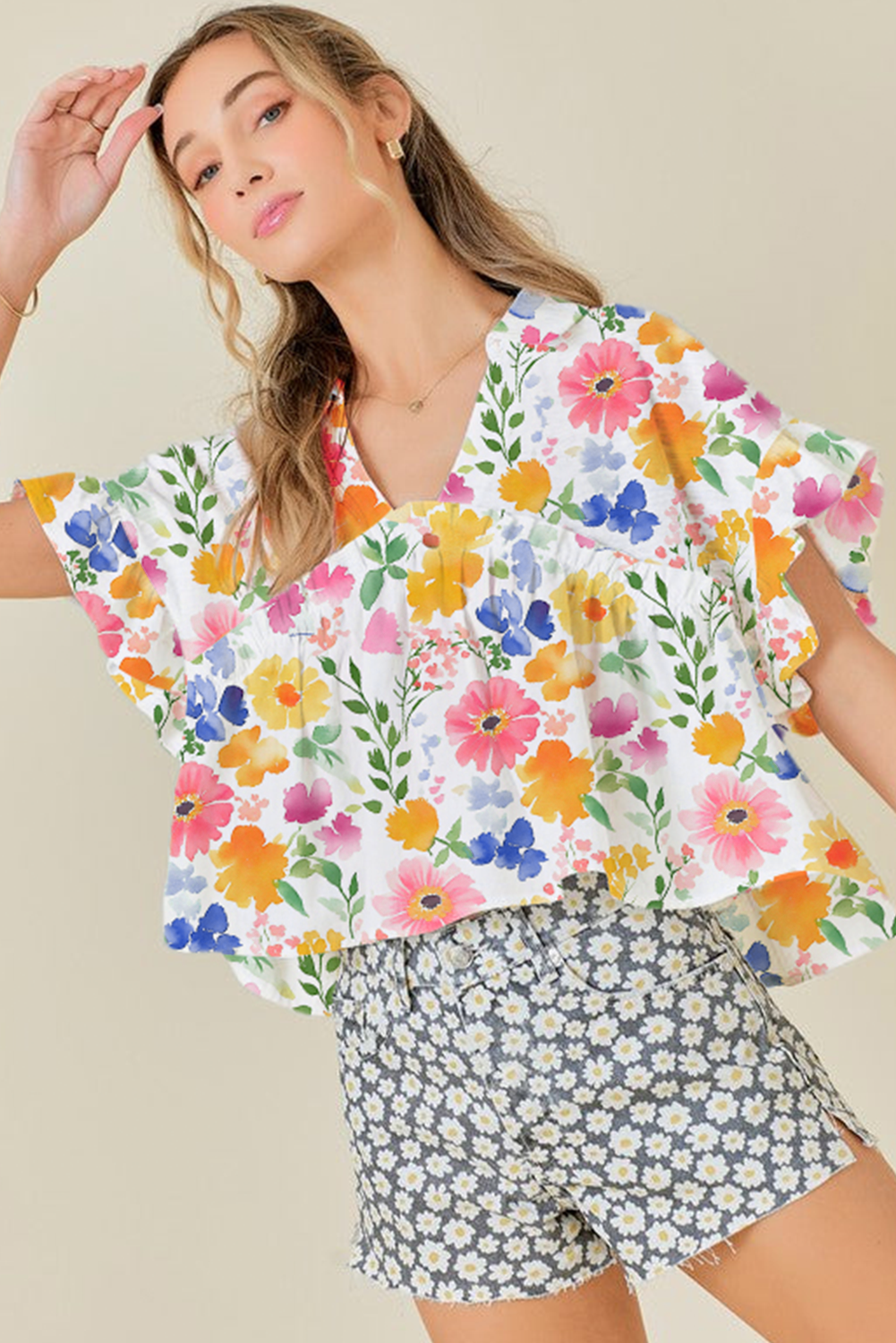 Pink Floral Boxy Fit Ruffled Short Sleeve V Neck Blouse