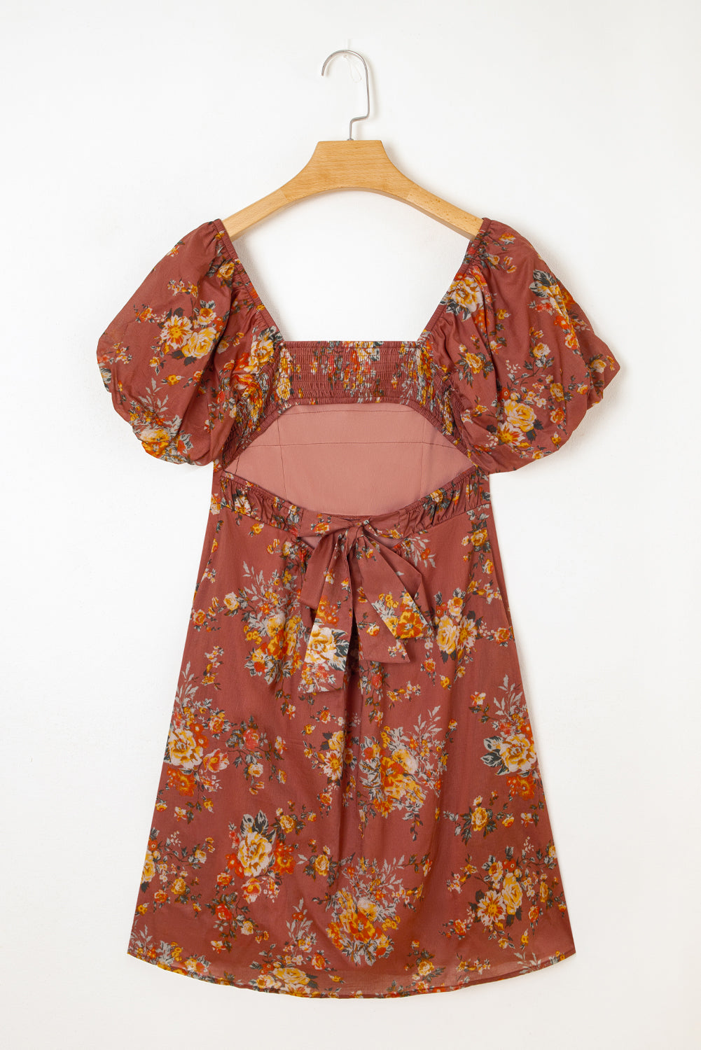 Red Floral Puff Sleeve Square Neck Knot Open Back Mini Dress