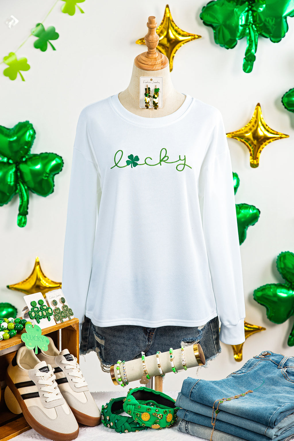 White LUCKY Clover Embroidered Long Sleeve Top