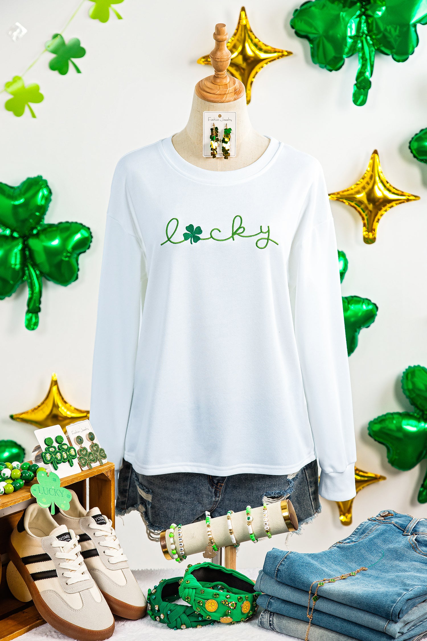 White LUCKY Clover Embroidered Long Sleeve Top